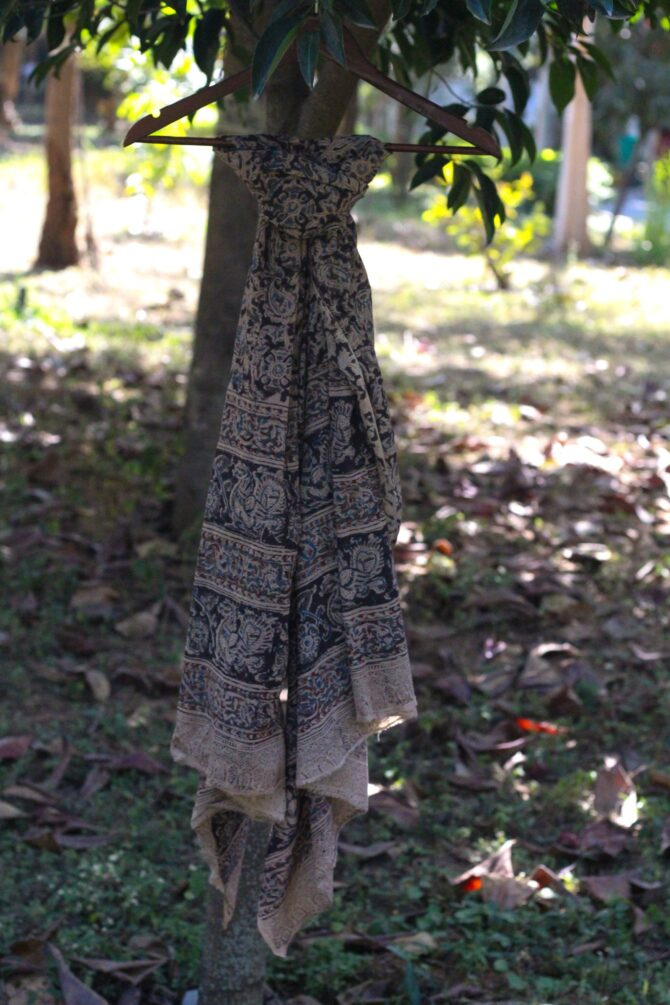 Handblock Kalamkari Stole: Blue - Image 3